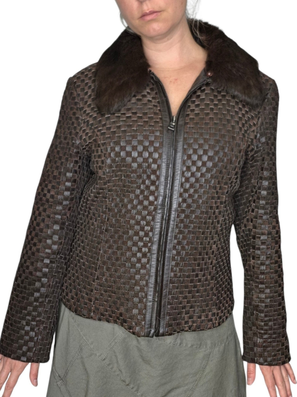 Vintage 90s Womens Brown Woven Checkered Leather Jacket Rabbit Fur Collar Medium